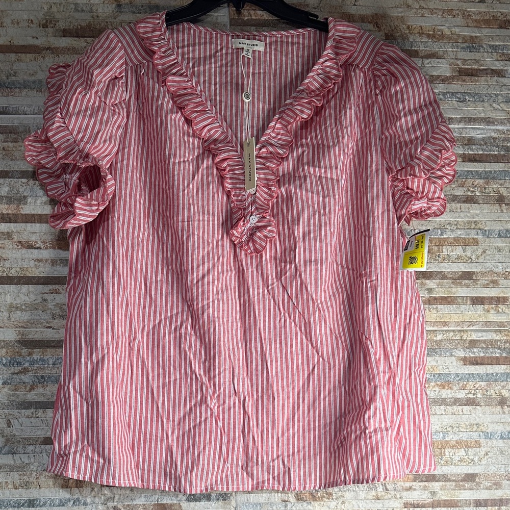 Max Studio Pink Striped Ruffle Blouse